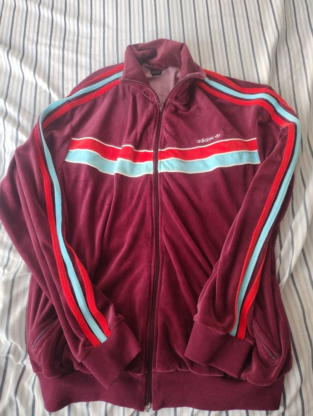 Vintage adidas Track Jacket Burgundy Maroon Red Blue Striped Trefoil Y2K